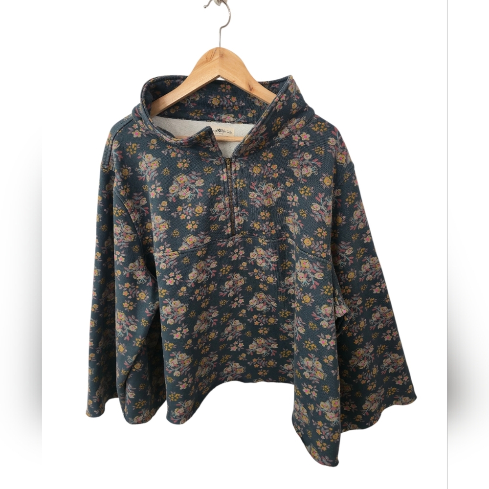 Natural Life Floral Boho Teal Base Raw Hem Pullover Quarter Zip Size L/XL